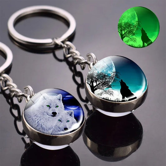 MoonlitHowl Glow Keychain: Double-Sided Wolf & Moon